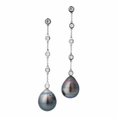 18ct White Gold, Black Pearl / 0.30ct Diamond Drop Earrings