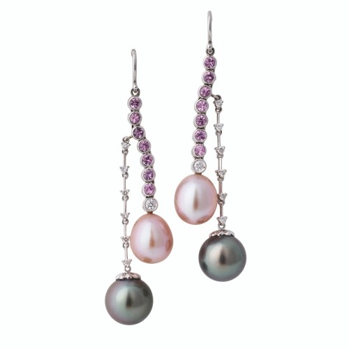 18ct White Gold Pearl, Pink Sapphire / Diamond Drop Earrings