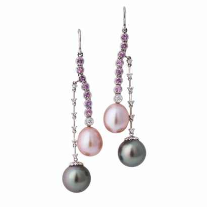18ct White Gold Pearl, Pink Sapphire / Diamond Drop Earrings