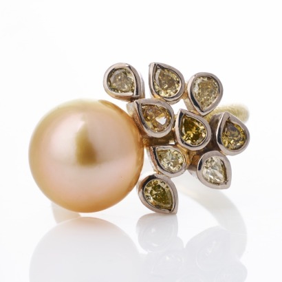 18ct Yellow / White Gold, 11.78mm Golden Pearl / 0.89ct Fancy Yellow Diamond Ring