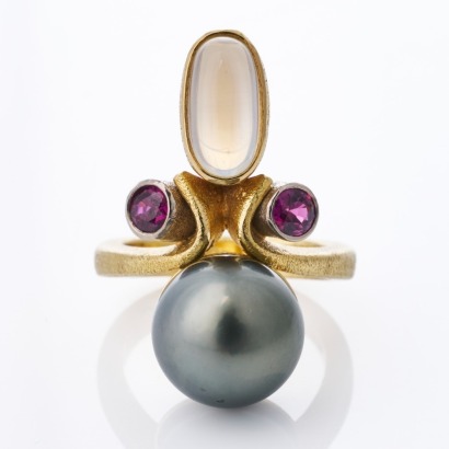 18ct Gold, 4.23ct Moonstone / 13.5mm Black Pearl / 0.91ct Ruby Ring