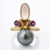 18ct Gold, 4.23ct Moonstone / 13.5mm Black Pearl / 0.91ct Ruby Ring
