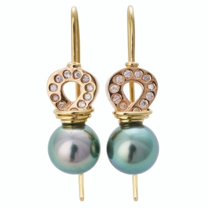 18ct Yellow / Rose Gold, 10mm Black Pearl / 0.33ct Diamond Earrings
