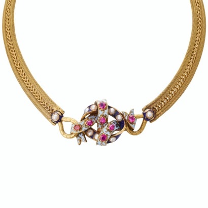 Antique, 20ct Yellow Gold, Victorian, 1.80ct Ruby / Pearl / Enamel Necklace