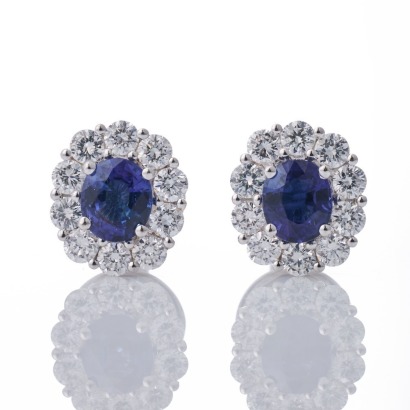 18ct White Gold, 1.20ct Sapphire / 1.00ct Diamond Cluster Earrings