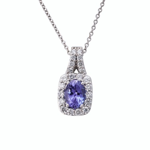 14ct White Gold, 1.30ct Tanzanite / 0.80ct Diamond Cluster Pendant on 50cm, 9ct White Gold, Trace Chain