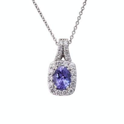 14ct White Gold, 1.30ct Tanzanite / 0.80ct Diamond Cluster Pendant on 50cm, 9ct White Gold, Trace Chain