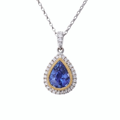 18ct Yellow Gold / Platinum, 2.33ct Sapphire / 0.21ct Diamond Cluster Pendant on 50cm Trace Chain