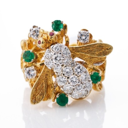 Herbert Rosenthal, Vintage, 18ct Yellow Gold, 0.40ct Emerald / 1.05ct Diamond Bee Ring, circa 1960's