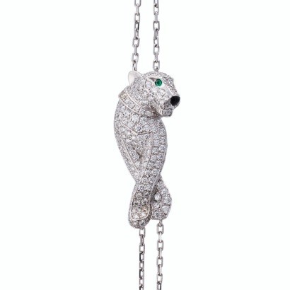 Cartier, 18ct White Gold, 1.00ct Diamond / Emerald Panth&egrave;re Bracelet