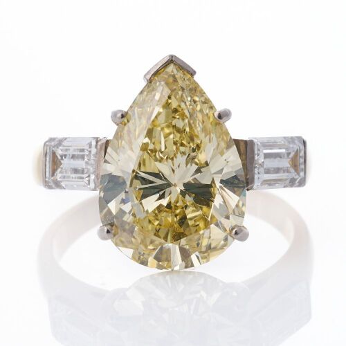 18ct Yellow / White Gold, 5.00ct Fancy Yellow Pear Shape / .89ct Baguette Cut Diamond Ring