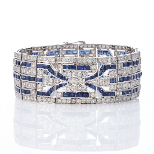 18ct White Gold, Art Deco Style, Calibre Cut Sapphire / 8.25ct Diamond Bracelet
