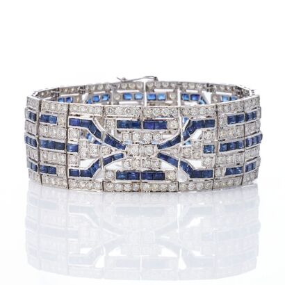 18ct White Gold, Art Deco Style, Calibre Cut Sapphire / 8.25ct Diamond Bracelet