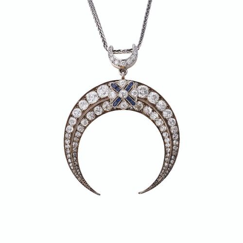 Silver / 18ct Rose Gold, Antique, 5.86ct Diamond / 0.22ct Sapphire Crescent Pendant on 47cm Chain