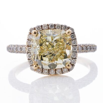 An Important, 14ct Yellow Gold, 3.03ct Cushion Cut / 0.65ct Diamond Halo Ring, GIA certified