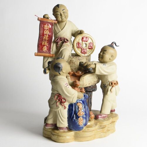 A Chinese Foshan 'Five Blessings Arrive at the Door' with Playing Children