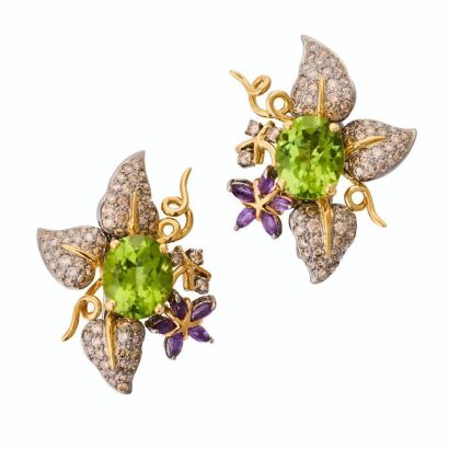 18ct Yellow Gold, 10.85ct Peridot / .60ct Amethyst / 3.81ct Diamond Earrings