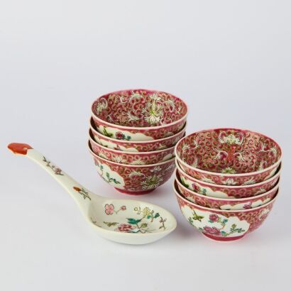 A Set of 20th Century Chinese Jingdezhen Rouge-Red Ground Floral Medallion Decorated Tableware