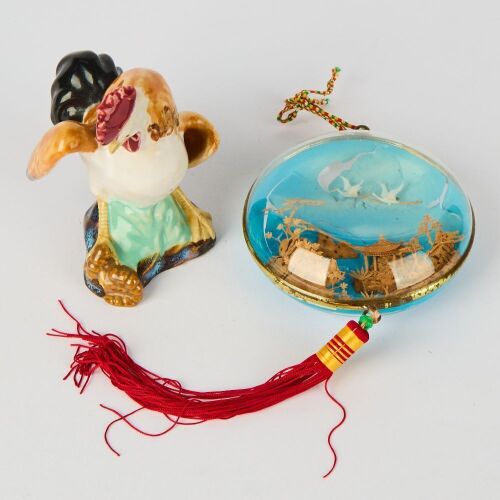 A Chinese Painted Porcelain Rooster Ornament AND A Chinees Landscape Decorative Piece