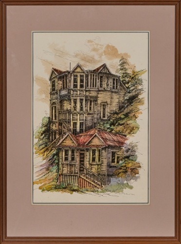 A Large Framed Pen and Wash Work of Wellington Villas by 'Simone', 1990