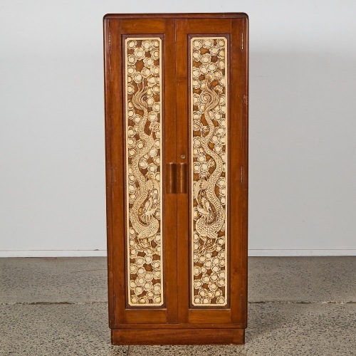 A Chinese Early 20th Century Dragon-Inlaid Double-Door Cabinet