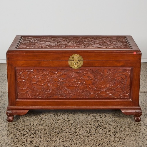 A Chinese 20th Century Carved Dragon-Motif Camphorwood Chest