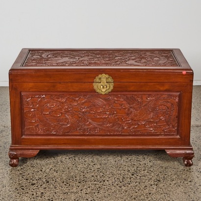 A Chinese 20th Century Carved Dragon-Motif Camphorwood Chest