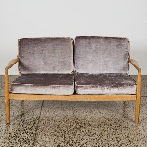 A Mid-Century Style Scandinavian Sculpted-Timber and Velvet Settee