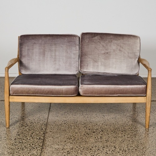A Mid-Century Style Scandinavian Sculpted-Timber and Velvet Settee