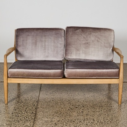 A Mid-Century Style Scandinavian Sculpted-Timber and Velvet Settee