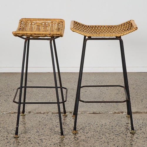 A Pair of Mid-century Modern Wicker Bar Stools with Black Metal Frame Circa 1970
