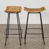 A Pair of Mid-century Modern Wicker Bar Stools with Black Metal Frame Circa 1970