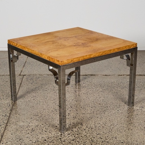 A Chrome and Walnut Burl SIde Table