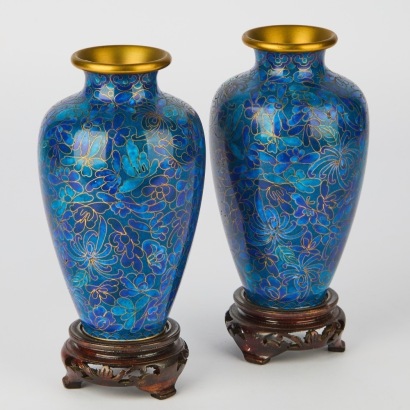 A Pair of Vintage Blue Cloisonn&eacute; Vases on Stands