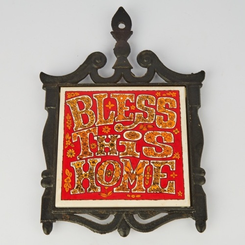 A Retro Tile & Iron Trivet 'Bless This Home'