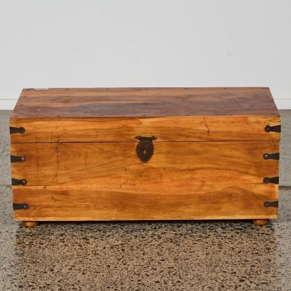 A Vintage Wooden Chest with Wrought Iron Fittings