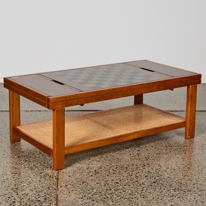 A 1970s Wooden and Rattan Backgammon and Chess Games Coffee Table