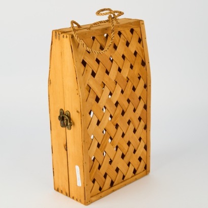 A Vintage Woven Wooden Slat Wine Bottle Carry Basket with Latch and Handle