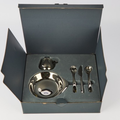 A Georg Jensen Five-Piece Child's Cutlery, Bowl and Plate Set in Box (Unused)