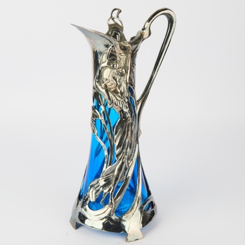 A WMF/Plewkiewicz Art Nouveau Pewter Mounted Blue Glass Claret Jug, c. 1906