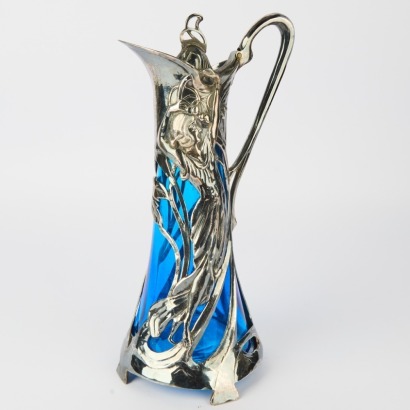 A WMF/Plewkiewicz Art Nouveau Pewter Mounted Blue Glass Claret Jug, c. 1906