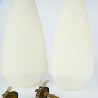 A Pair of Textured Glass Lightshades with Hanging Attachments