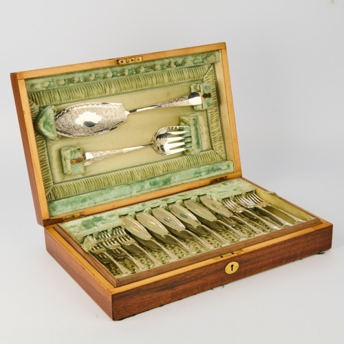 An Ornate Silver Plated Fish Service in a Mahogany Box