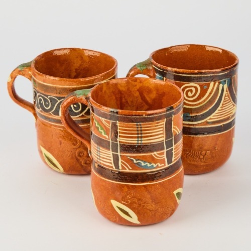 Three Hand Painted Mexican Terracotta Cups