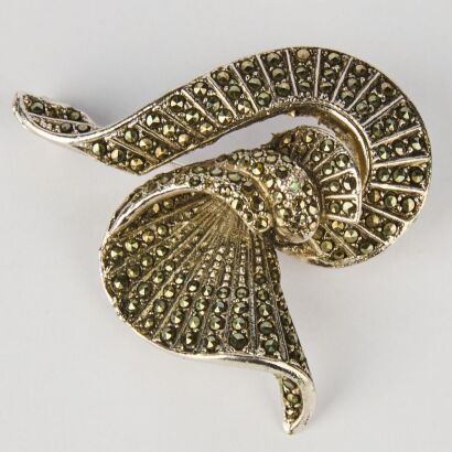 A Mid-Cenutry Silver and Marcasite Ribbon Brooch