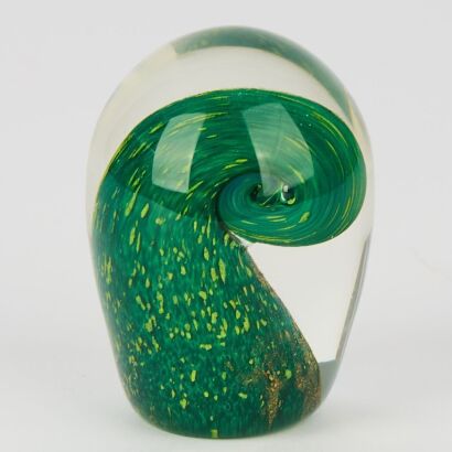 A Handblown Lynden Over Koru Glass Paperweight