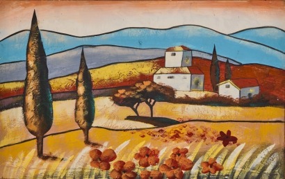 A Country Scene Painting in the Style of Slava Brodinsky
