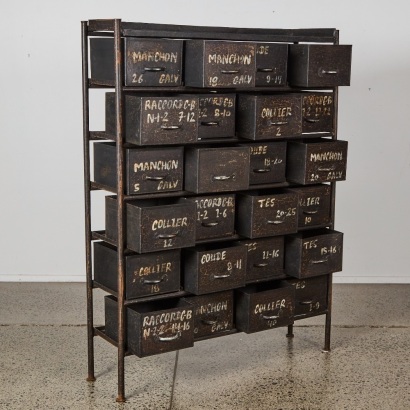 A Vintage French Atelier Twenty-Four-Drawer Steel Cabinet