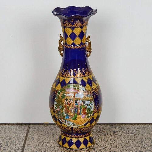 A Japanese Blue and Gilt Decorated 'Figural' Vase with Handles