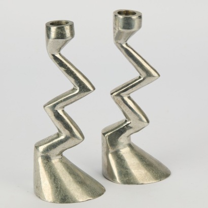 A Pair of Matthew Hilton Style ZigZag Aluminium Candle Holders